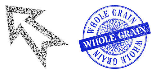 Fototapeta premium Arrow left up mosaic of triangle, and Whole Grain textured stamp. Blue stamp seal includes Whole Grain caption inside circle form. Vector arrow left up mosaic is made of random triangle elements.