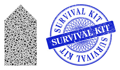 Direction up mosaic of triangle, and Survival Kit grunge seal imitation. Blue stamp seal includes Survival Kit caption inside circle shape.