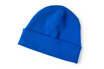 Bright indigo blue stylish youth beanie hat made of natural eco-fabric with texture. Isolation on a...