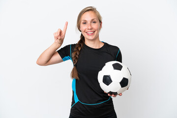 Young football player woman isolated on white background pointing up a great idea