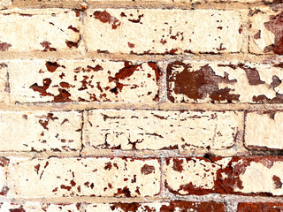 faded white painted red brick exposed retro close view interior design exterior wall architectural...