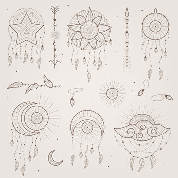 Mystic vector items, moon, hands, crystals, planets. Doodle astrology style. Doodle esoteric, boho mystical hand drawn elements.