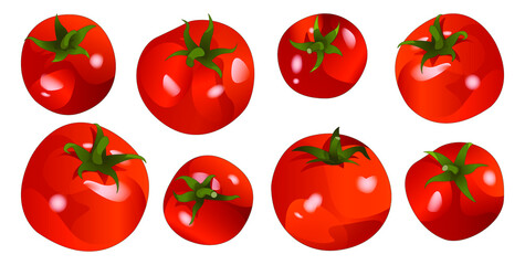 Juicy red tomatoes. Ripe vegetables. Realistic design. Set. 