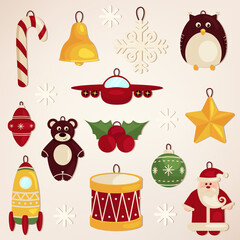 Christmas decorative toys. Big Christmas collection in vintage style with traditional Christmas and New Year elements