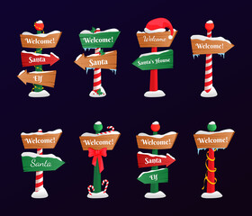 Set of wooden street signs in the snow, winter pointers in flat style. Winter holiday xmas symbol, cartoon banner. Vector illustration EPS10