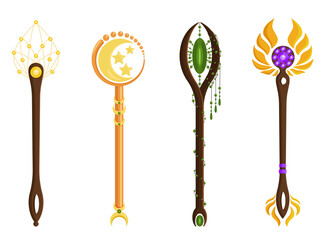 Magic Wands with Fairy Dust and Glow Swirling Around Vector Set. Various wizards of magic wand vector illustration flat design