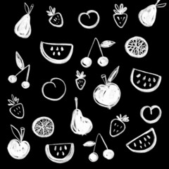 Fruit doodle drawing, kid's drawing fruit, chalk drawing on chalk board, illustration