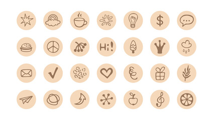 Set of highlights covers for social media stories. Vector hand drawn elements, isolated on white background.