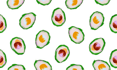 Seamless background. Drawn avocados. Raster imitation of a painted oil painting