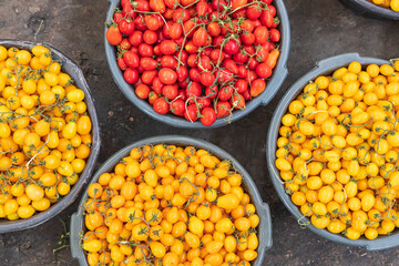 Fresh yellow and red cherry tomatoes at the Panjshanbe Bazaar in Khujand.