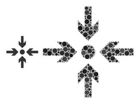 Meeting point vector collage of circle dots in variable sizes and color tones. Circle dots are united into meeting point vector collage. Abstract vector design concept.