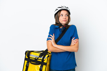 Lithuanian woman with thermal backpack making doubts gesture while lifting the shoulders