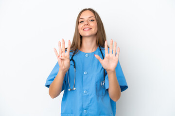 Young surgeon doctor Lithuanian woman isolated on white background counting nine with fingers