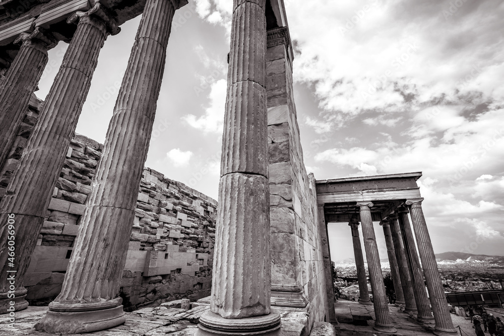 Wall mural erechtheion temple on acropolis in black and white, athens, greece