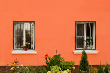 two windows with black bars on the background of an orange wall of a house with green plants from the bottom of the frame