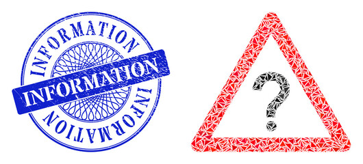 Obraz premium Question warning collage of triangle parts, and Information unclean stamp. Blue stamp has Information tag inside round form. Vector question warning collage is made from scattered triangle parts.