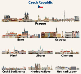 Czech Republic main cities abstract skylines. Vector collection - obrazy, fototapety, plakaty