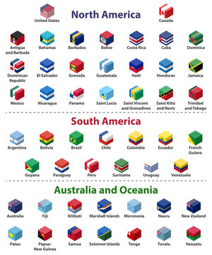 North America, South America, Australia and Oceanian all countries flags in cube isometric design vector set