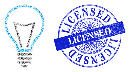Lamp bulb collage of triangle parts, and Licensed unclean seal. Blue seal includes Licensed caption inside round shape. Vector lamp bulb collage is formed of different triangle parts.