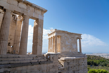 Temple of Athena Nike in night, in the Acropolis of Athens, Greece, named after the Greek goddess...