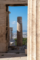 Column and arches of Parthenon located at  Acropolis of Athens.against blue sky