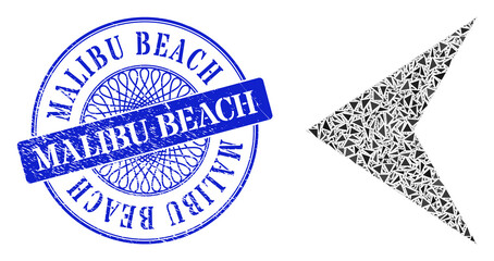 Arrowhead left collage of triangle particles, and Malibu Beach unclean stamp. Blue stamp seal includes Malibu Beach title inside circle shape.
