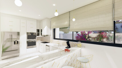interior design 3d rendering, 3d illustration, modern kitchen interior 