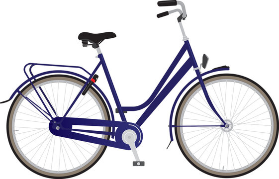 Woman model city bike with blue frame, back-pedal brake and bike lock.
