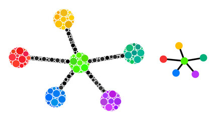 Net connections vector composition of round dots in different sizes and color tints. Round dots are grouped into net connections vector collage. Abstract vector design concept.