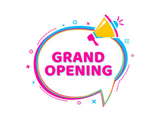 Vector Illustration Grand Opening With Megaphone. Modern Web Colourful Banner Speech Bubble, Advertising And Marketing Sticker