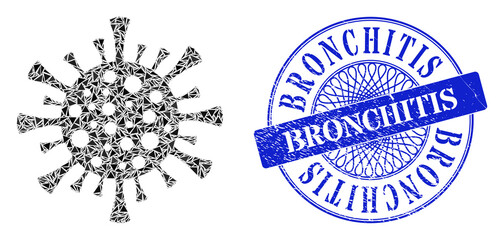 Fototapeta premium Corona virus mosaic of triangle particles, and Bronchitis dirty stamp seal. Blue stamp includes Bronchitis caption inside circle form.