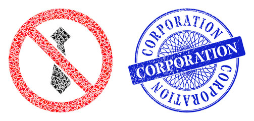 Stop man tie mosaic of triangle, and Corporation corroded seal print. Blue seal includes Corporation text inside round shape. Vector stop man tie mosaic is formed of random triangle items.