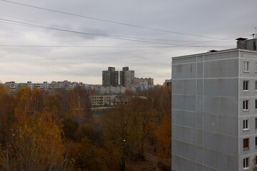 Balcony view of soviet Leningrad project house. courtyard of residential building. Selective focus