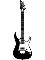 music instrument e-guitar, electric guitar with machine heads for guitar strings and with white pickguard. Electric musical instrument detailed realistic graphic in black and white.