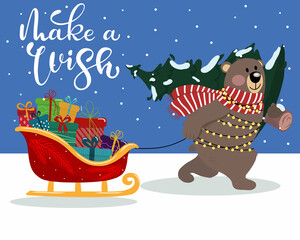 Christmas card template with brown bear and Christmas sledge