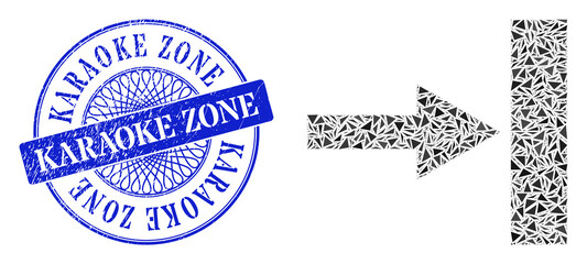 Fototapeta premium Move right collage of triangle parts, and Karaoke Zone textured stamp seal. Blue stamp seal has Karaoke Zone title inside round form. Vector move right collage is made with scattered triangle parts.