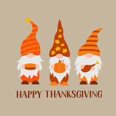 Thanksgiving gnomes. Happy Thanksgiving lettering. Cute cartoon characters. Vector template for banner, poster, greeting card, t-shirt, etc