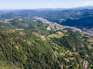 Aerial Panorama of Rhodope Mountains near Smolyan lakes, Bulgaria