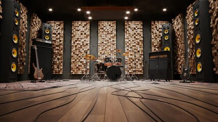 Recording studio with musical instruments. Sound studio room with the drum kit.