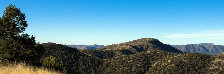 Ultra-wide, high-elevation, panoramic view looking west across the Black Range of New Mexico's Gila National Forest