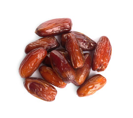 Heap of tasty sweet dried dates on white background, top view