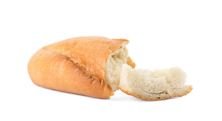 Pieces of fresh baguette on white background