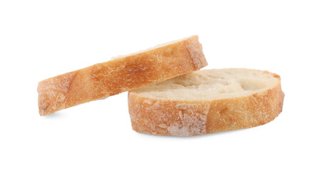 Slices of fresh baguette on white background