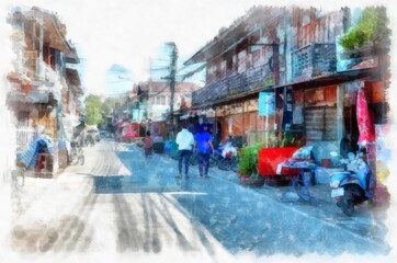 Obraz premium Market in Thailand watercolor style illustration impressionist painting.