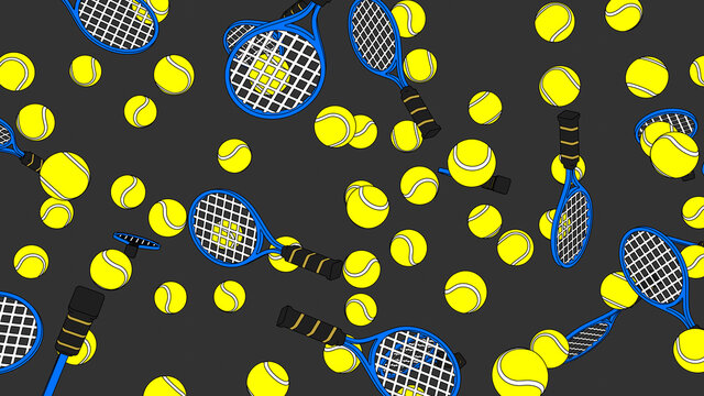 Toon style tennis balls and blue tennis rackets on gray background.
3D illustration for background.