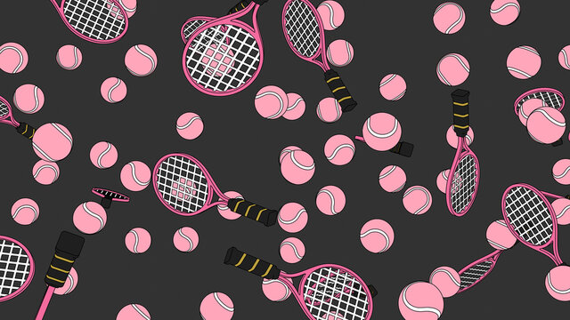 Toon style pink tennis balls and tennis rackets on gray background.
3D illustration for background.
