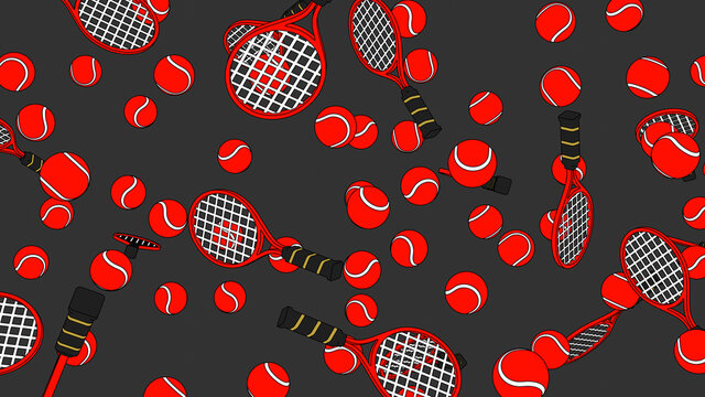 Toon style red tennis balls and tennis rackets on gray background.
3D illustration for background.

