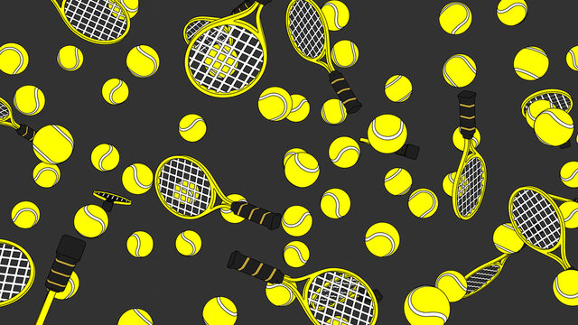 Toon style yellow tennis balls and tennis rackets on gray background.
3D illustration for background.
