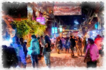 Obraz na płótnie Canvas Night market in Thailand watercolor style illustration impressionist painting.