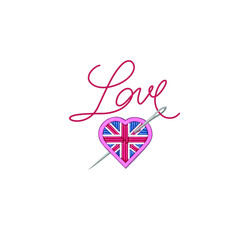 Heart, UK flag, Love, Valentine's Day, 14 February, Wedding. Design for poster or t shirt, stickers. Embroidered patch with a heart. Great Britain flag